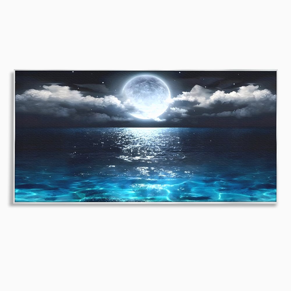 Tablou canvas cu tablou canvas cu luna plina deasupra marii, in rama de aluminiu argintiu